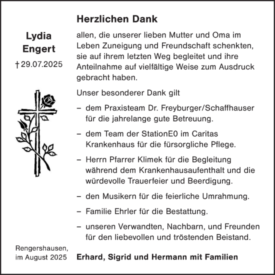 Traueranzeige von Lydia Engert von Fränkische Nachrichten