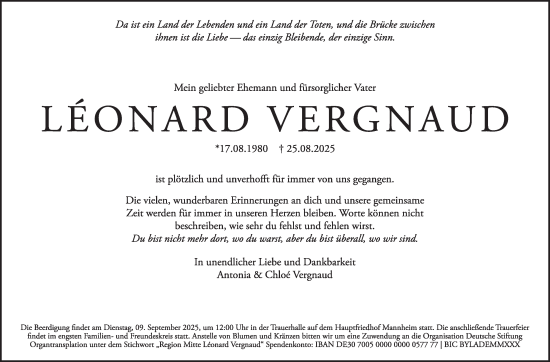 Traueranzeige von Léonard Vergnaud von Mannheimer Morgen