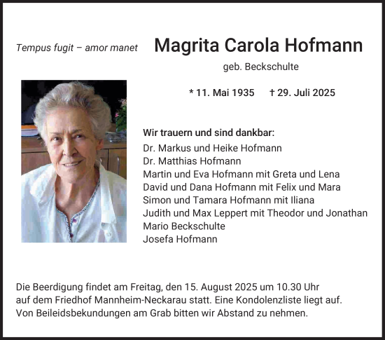 Traueranzeige von Magrita Carola Hofmann von Mannheimer Morgen