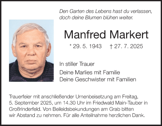 Traueranzeige von Manfred Markert von Fränkische Nachrichten