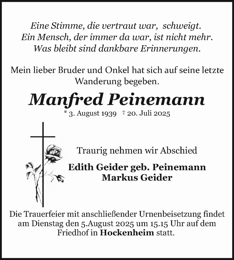  Traueranzeige für Manfred Peinemann vom 02.08.2025 aus Schwetzinger Zeitung