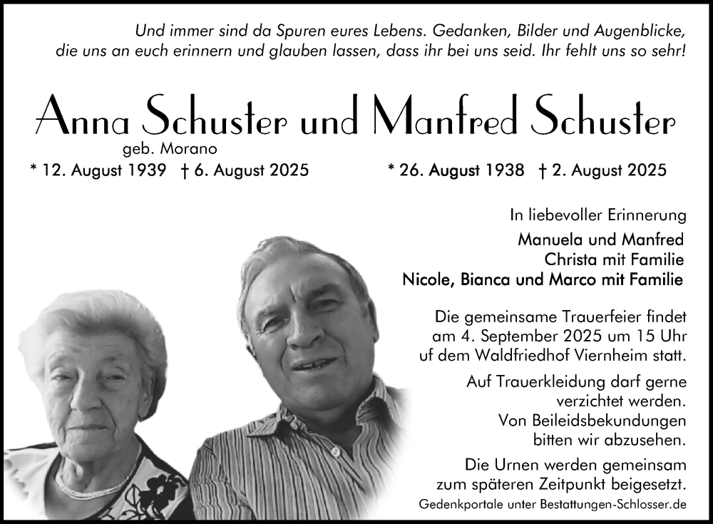  Traueranzeige für Manfred Schuster vom 30.08.2025 aus Mannheimer Morgen