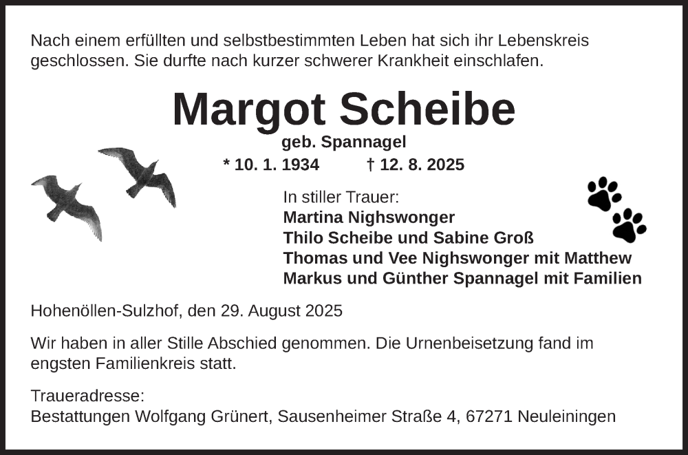  Traueranzeige für Margot Scheibe vom 29.08.2025 aus Mannheimer Morgen