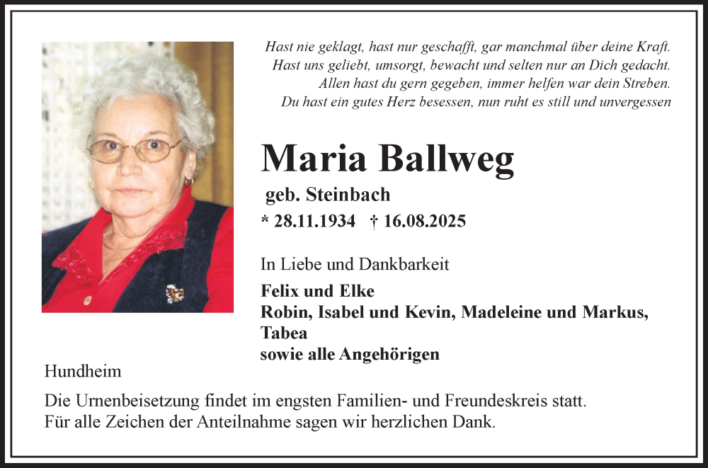  Traueranzeige für Maria Ballweg vom 23.08.2025 aus Fränkische Nachrichten