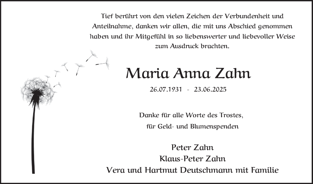  Traueranzeige für Maria Anna Zahn vom 02.08.2025 aus Schwetzinger Zeitung