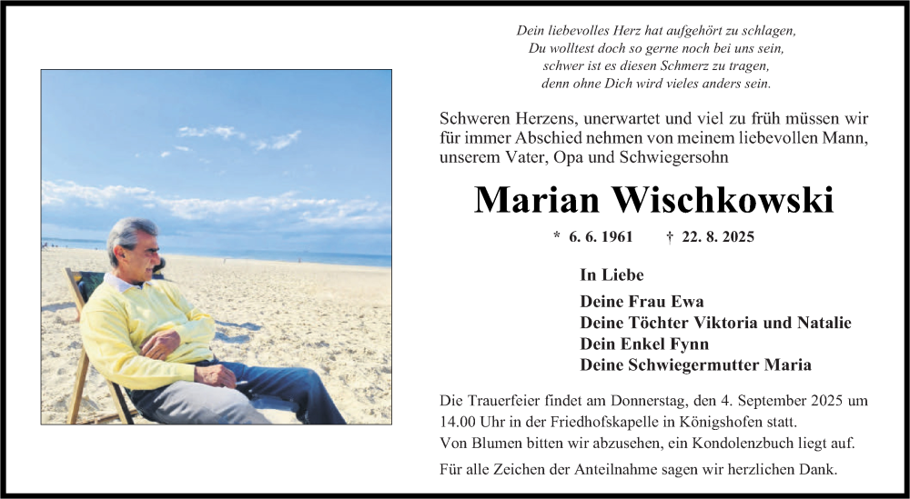 Traueranzeige für Marian Wischkowski vom 30.08.2025 aus Fränkische Nachrichten