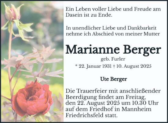Traueranzeige von Marianne Berger von Mannheimer Morgen