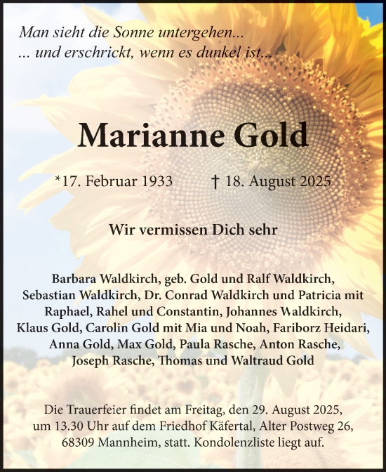 Traueranzeige von Marianne Gold von Mannheimer Morgen