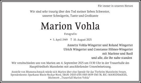 Traueranzeige von Marion Vohla von Mannheimer Morgen