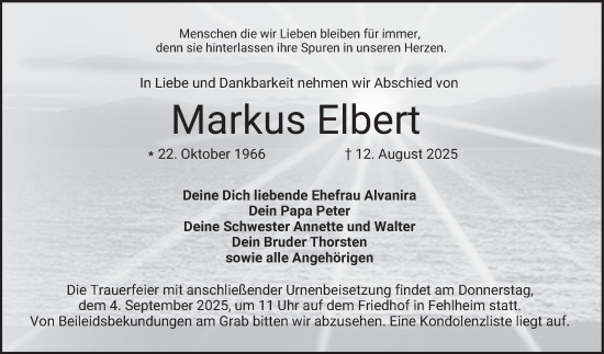 Traueranzeige von Markus Elbert von Bergsträßer Anzeiger