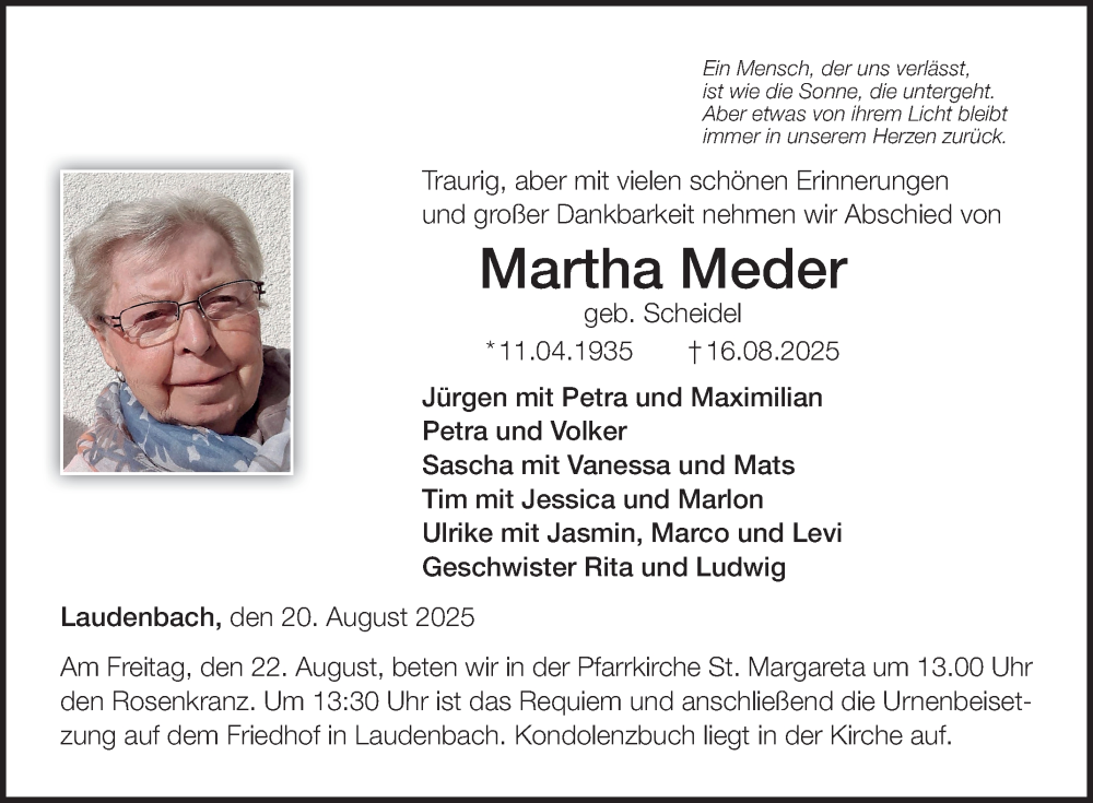  Traueranzeige für Martha Meder vom 20.08.2025 aus Fränkische Nachrichten