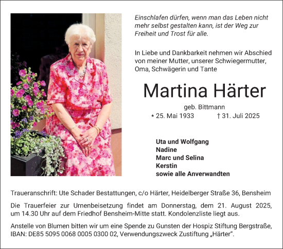 Traueranzeige von Martina Härter von Bergsträßer Anzeiger