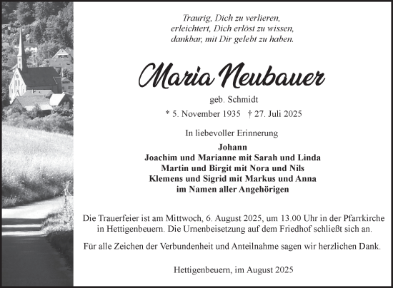 Traueranzeige von Mavia Neubauer von Fränkische Nachrichten