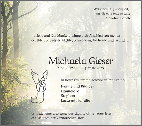 Traueranzeige von Michaela Gieser von Mannheimer Morgen