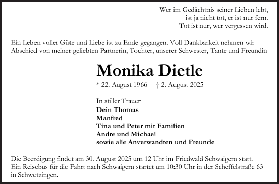Traueranzeige von Monika Dietle von Mannheimer Morgen