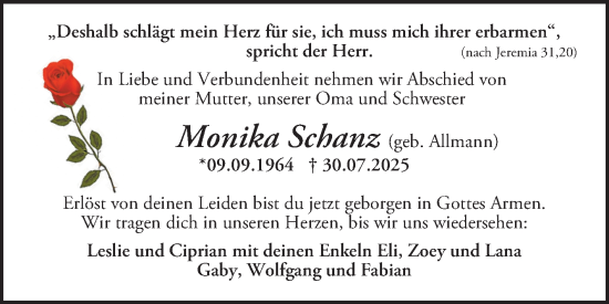 Traueranzeige von Monika Schanz von Mannheimer Morgen