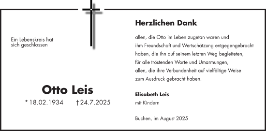 Traueranzeige von Otto Leis von Fränkische Nachrichten