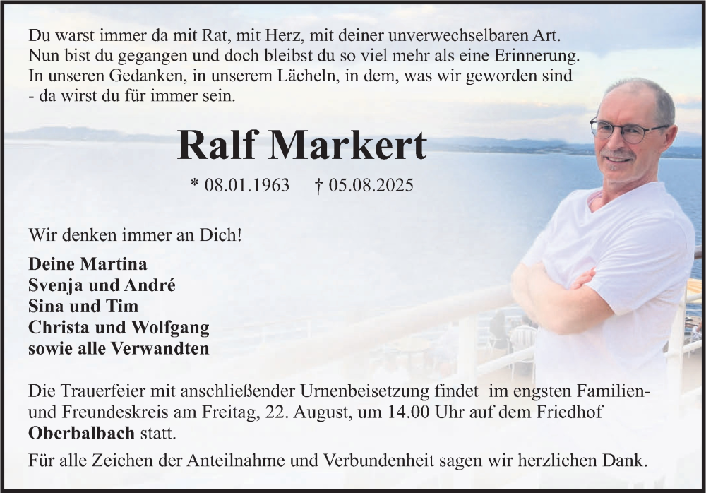  Traueranzeige für Ralf Markert vom 16.08.2025 aus Fränkische Nachrichten