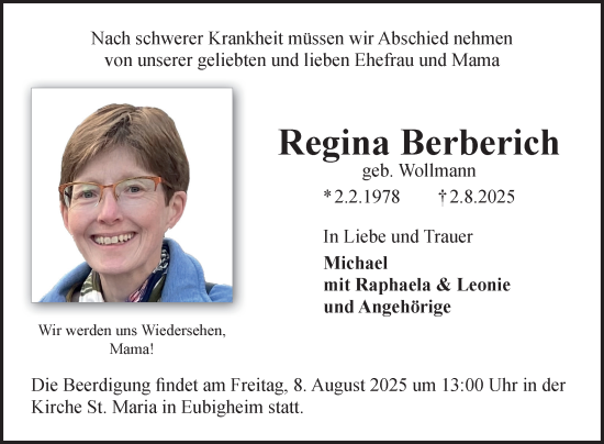 Traueranzeige von Regina Berberich von Fränkische Nachrichten