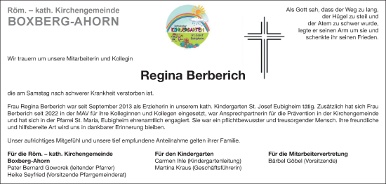Traueranzeige von Regina Berberich von Fränkische Nachrichten
