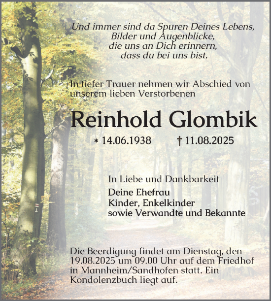 Traueranzeige von Reinhold Glombik von Mannheimer Morgen