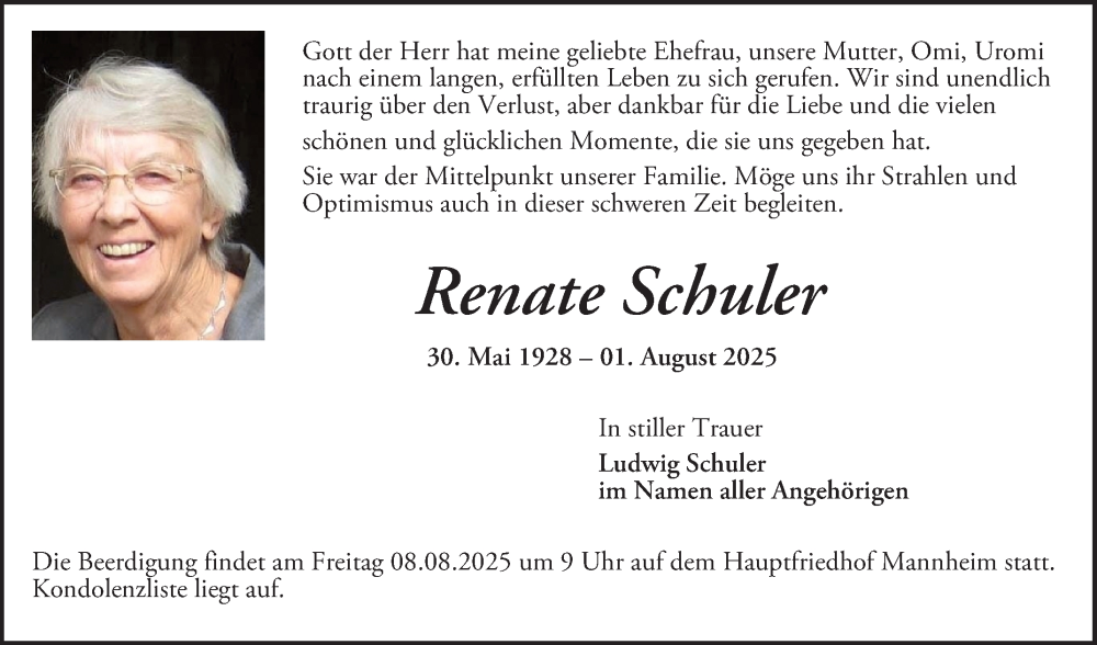  Traueranzeige für Renate Schuler vom 06.08.2025 aus Mannheimer Morgen