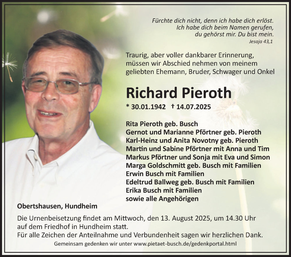  Traueranzeige für Richard Pieroth vom 02.08.2025 aus Fränkische Nachrichten