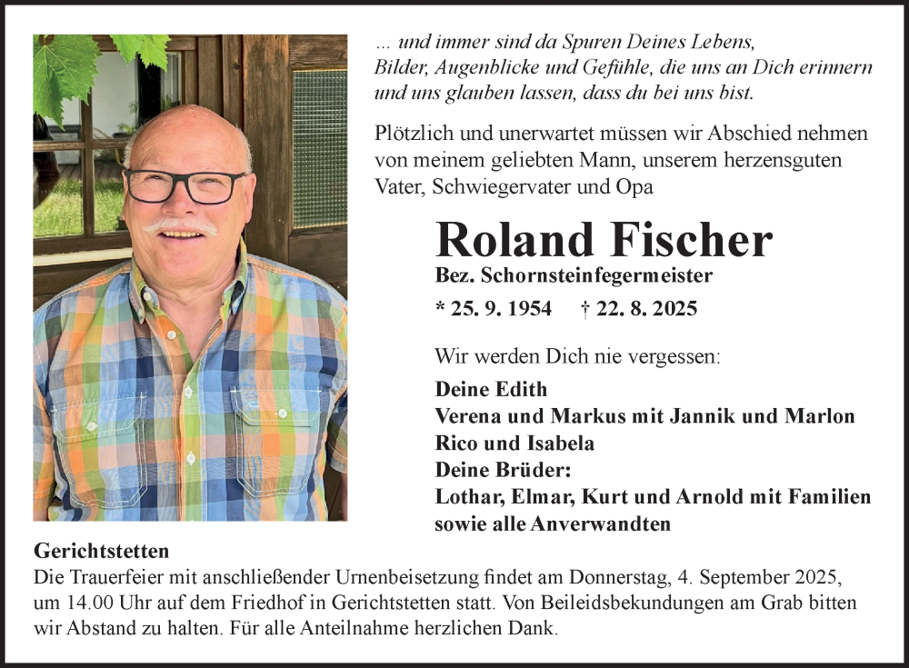  Traueranzeige für Roland Fischer vom 29.08.2025 aus Fränkische Nachrichten