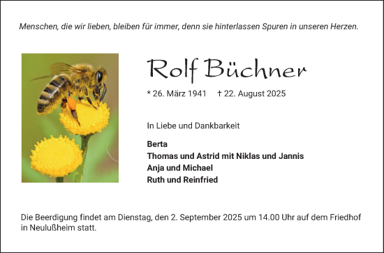 Traueranzeige von Rolf Büchner von Schwetzinger Zeitung