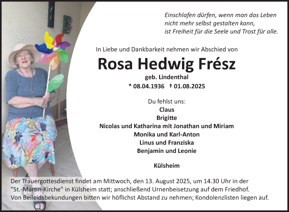  Traueranzeige für Rosa Hedwig Frész vom 09.08.2025 aus Fränkische Nachrichten