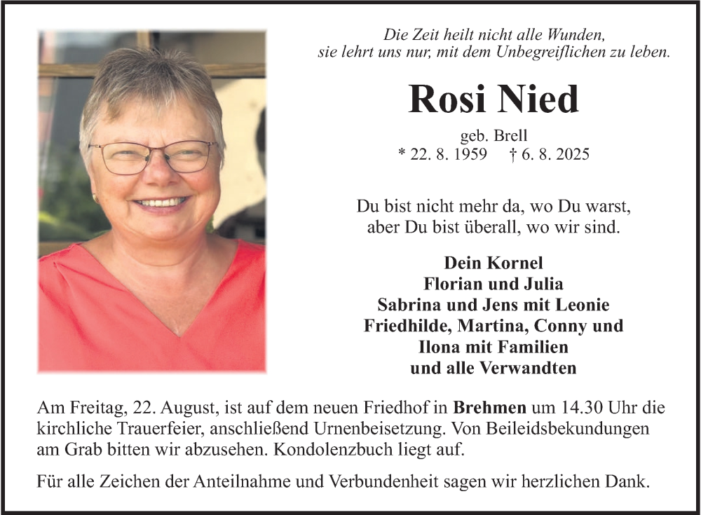  Traueranzeige für Rosi Nied vom 16.08.2025 aus Fränkische Nachrichten