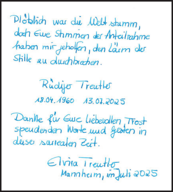 Traueranzeige von Rüdiger Treutler von Mannheimer Morgen