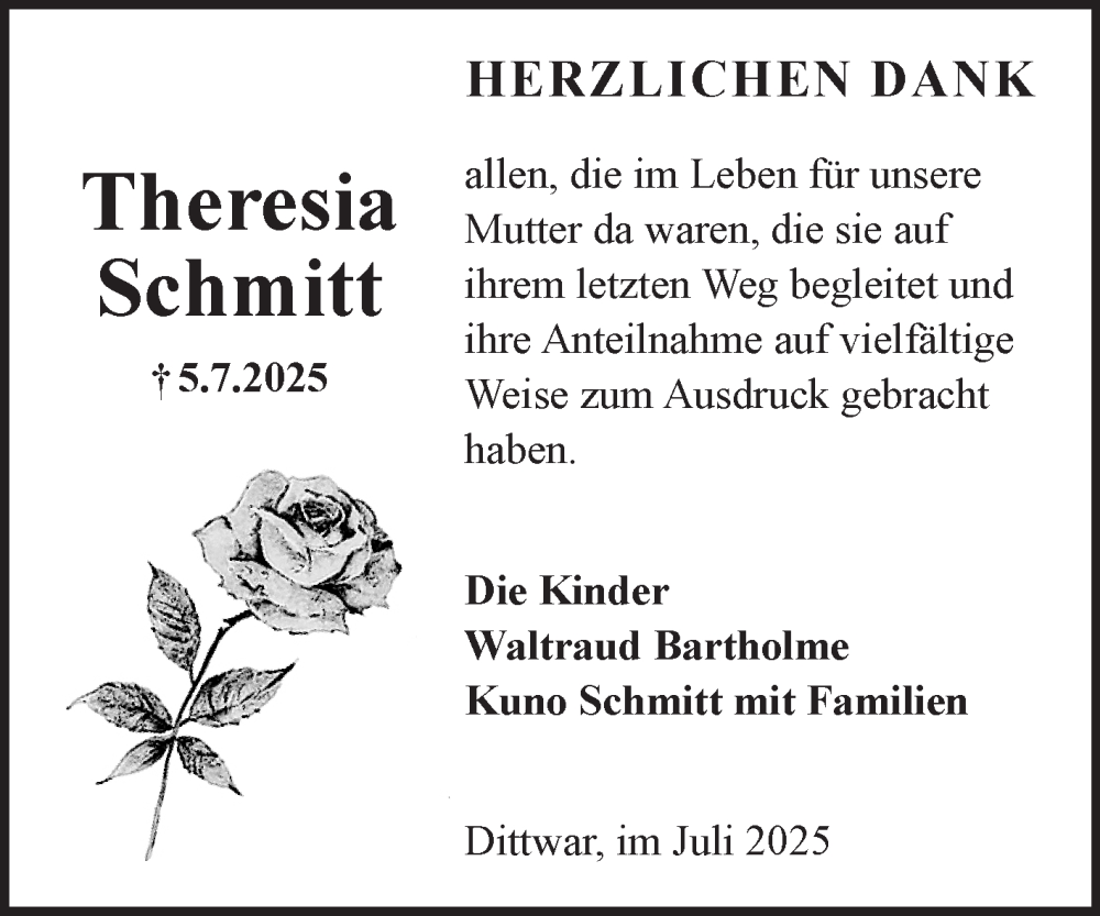  Traueranzeige für Theresia Schmitt vom 09.08.2025 aus Fränkische Nachrichten