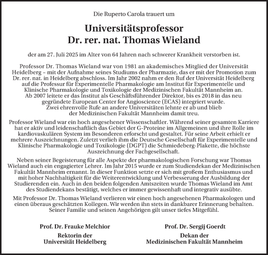 Traueranzeige von Thomas Wieland von Mannheimer Morgen
