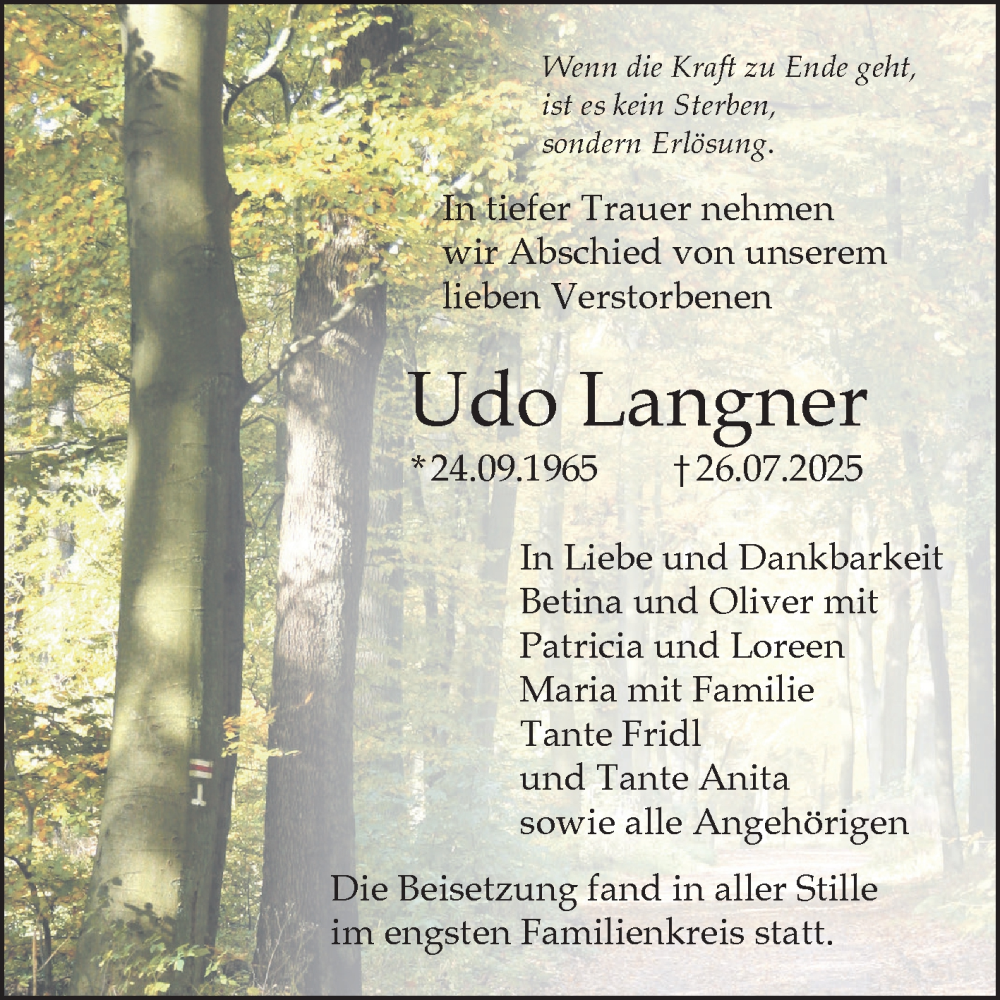  Traueranzeige für Udo Langner vom 15.08.2025 aus Fränkische Nachrichten