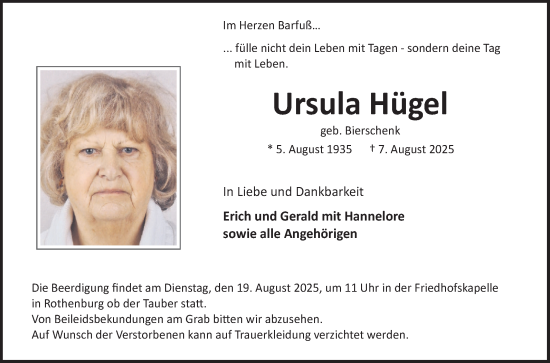 Traueranzeige von Ursula Hügel von Fränkische Nachrichten