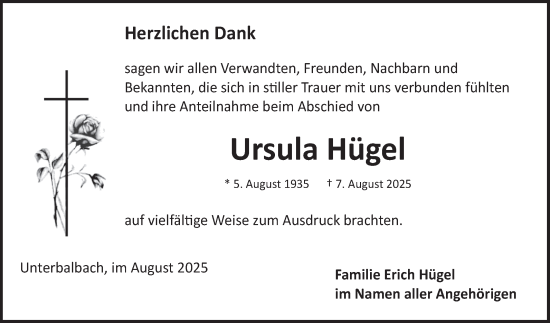Traueranzeige von Ursula Hügel von Fränkische Nachrichten