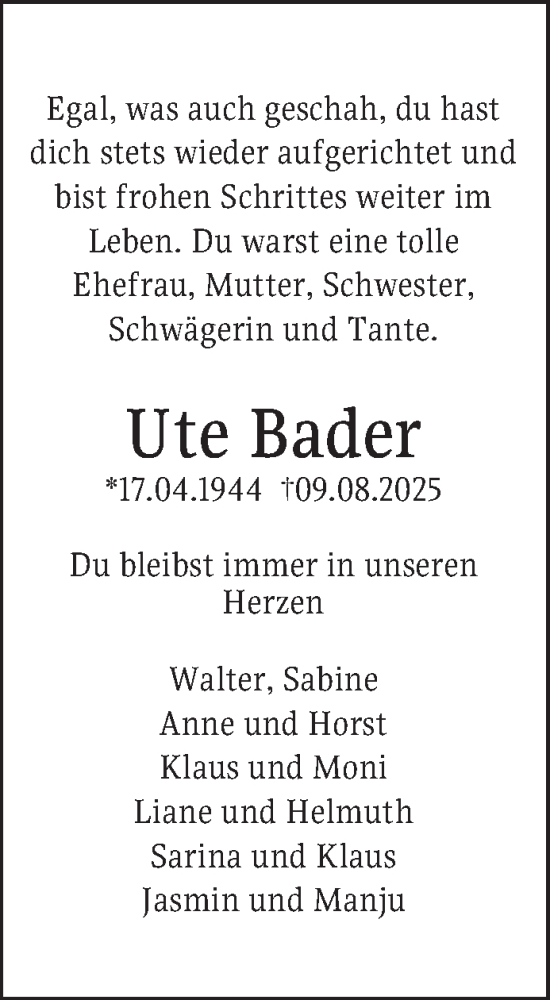 Traueranzeige von Ute Bader von Mannheimer Morgen