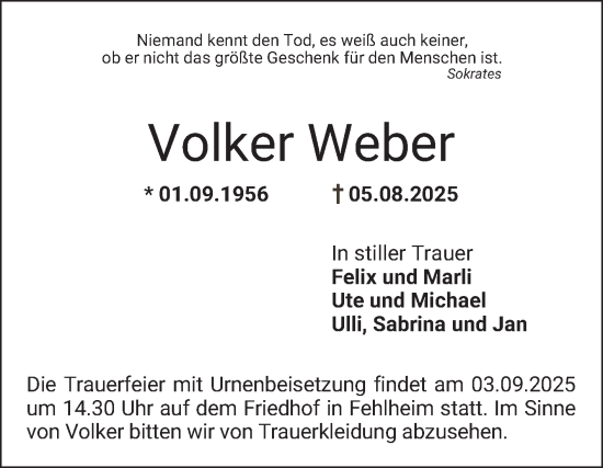 Traueranzeige von Volker Weber von Bergsträßer Anzeiger
