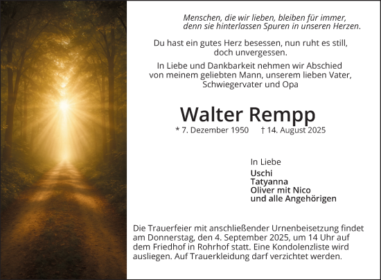 Traueranzeige von Walter Rempp von Mannheimer Morgen