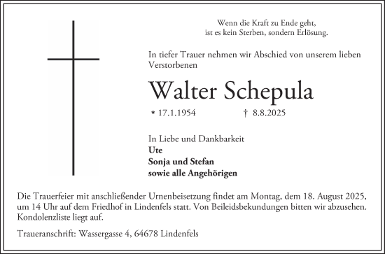 Traueranzeige von Walter Schepula von Bergsträßer Anzeiger