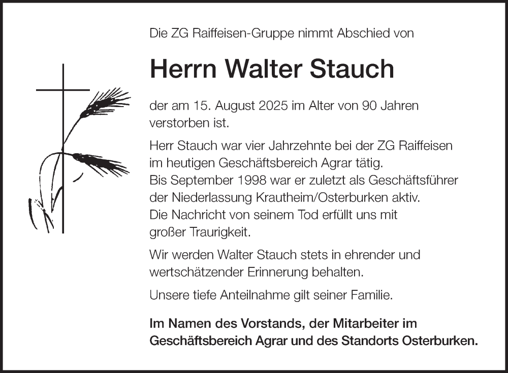  Traueranzeige für Walter Stauch vom 22.08.2025 aus Fränkische Nachrichten