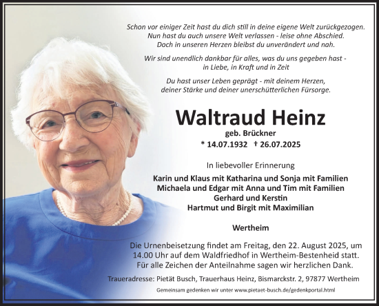 Traueranzeige von Waltraud Heinz von Fränkische Nachrichten