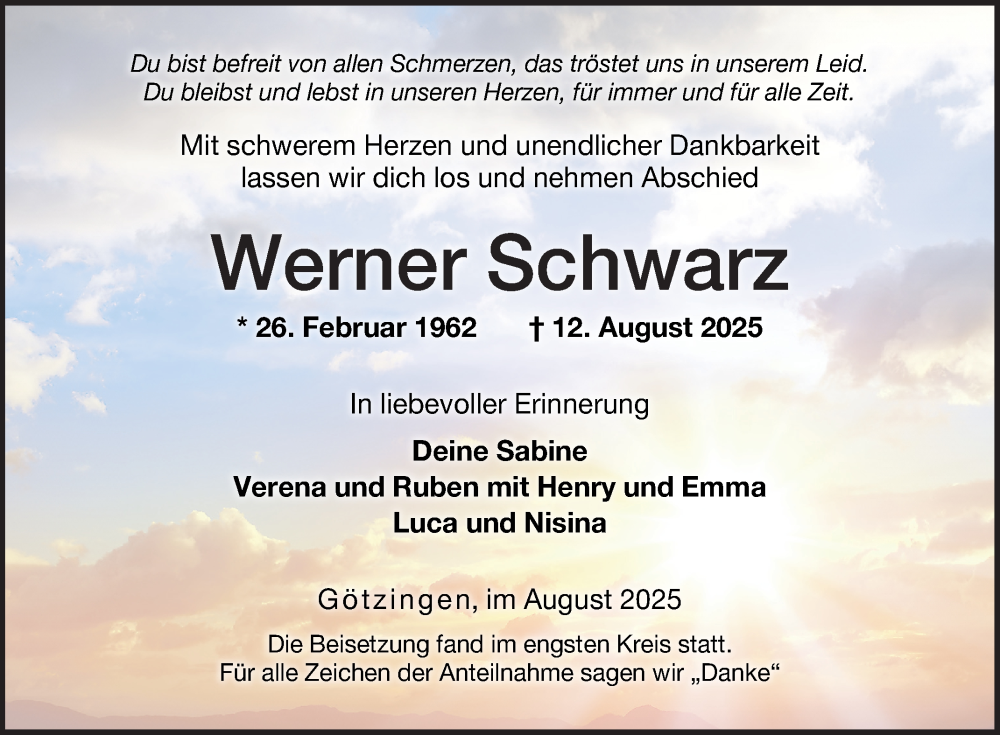  Traueranzeige für Werner Schwarz vom 30.08.2025 aus Fränkische Nachrichten