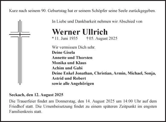 Traueranzeige von Werner Ullrich von Fränkische Nachrichten