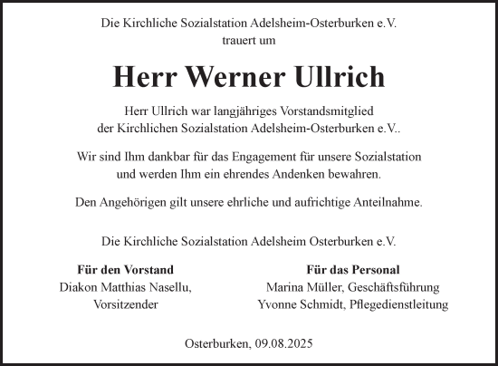 Traueranzeige von Werner Ullrich von Fränkische Nachrichten