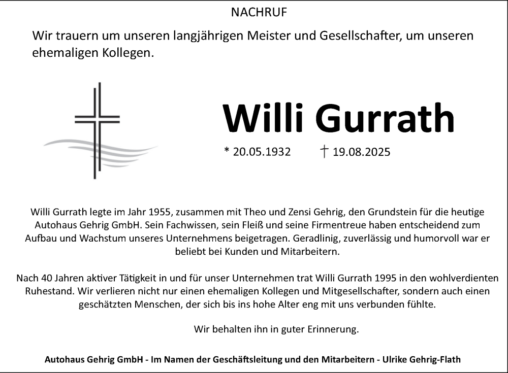 Traueranzeige für Willi Gurrath vom 30.08.2025 aus Fränkische Nachrichten
