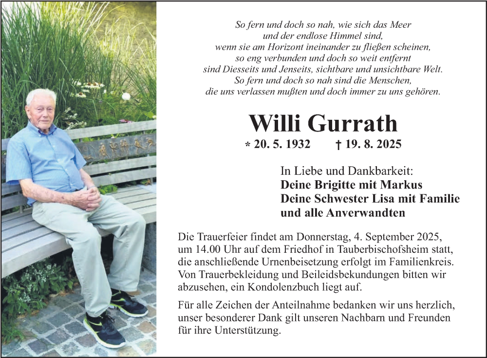  Traueranzeige für Willi Gurrath vom 23.08.2025 aus Fränkische Nachrichten