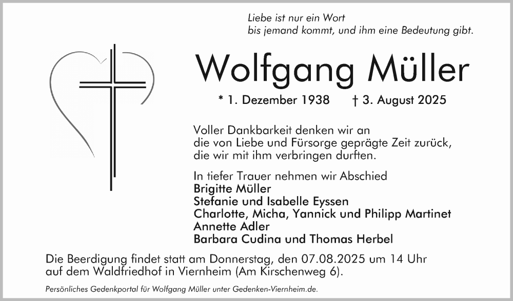  Traueranzeige für Wolfgang Müller vom 06.08.2025 aus Mannheimer Morgen