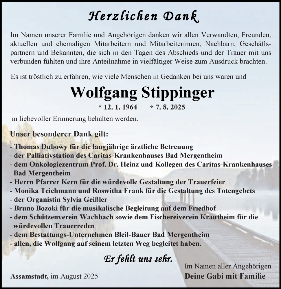  Traueranzeige für Wolfgang Stippinger vom 30.08.2025 aus Fränkische Nachrichten